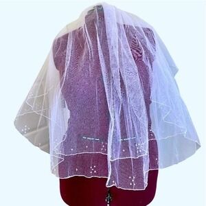 White Bridal Wedding Veil Double Layer 29" Elbow Blusher w/Beaded Detail Lot V25
